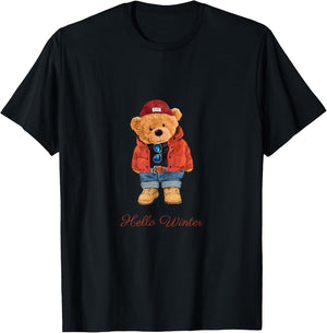 Hello Winter Cool Teddy Bear Cartoon Graphic Designs Fun T-Shirt - T-Shirt | Black