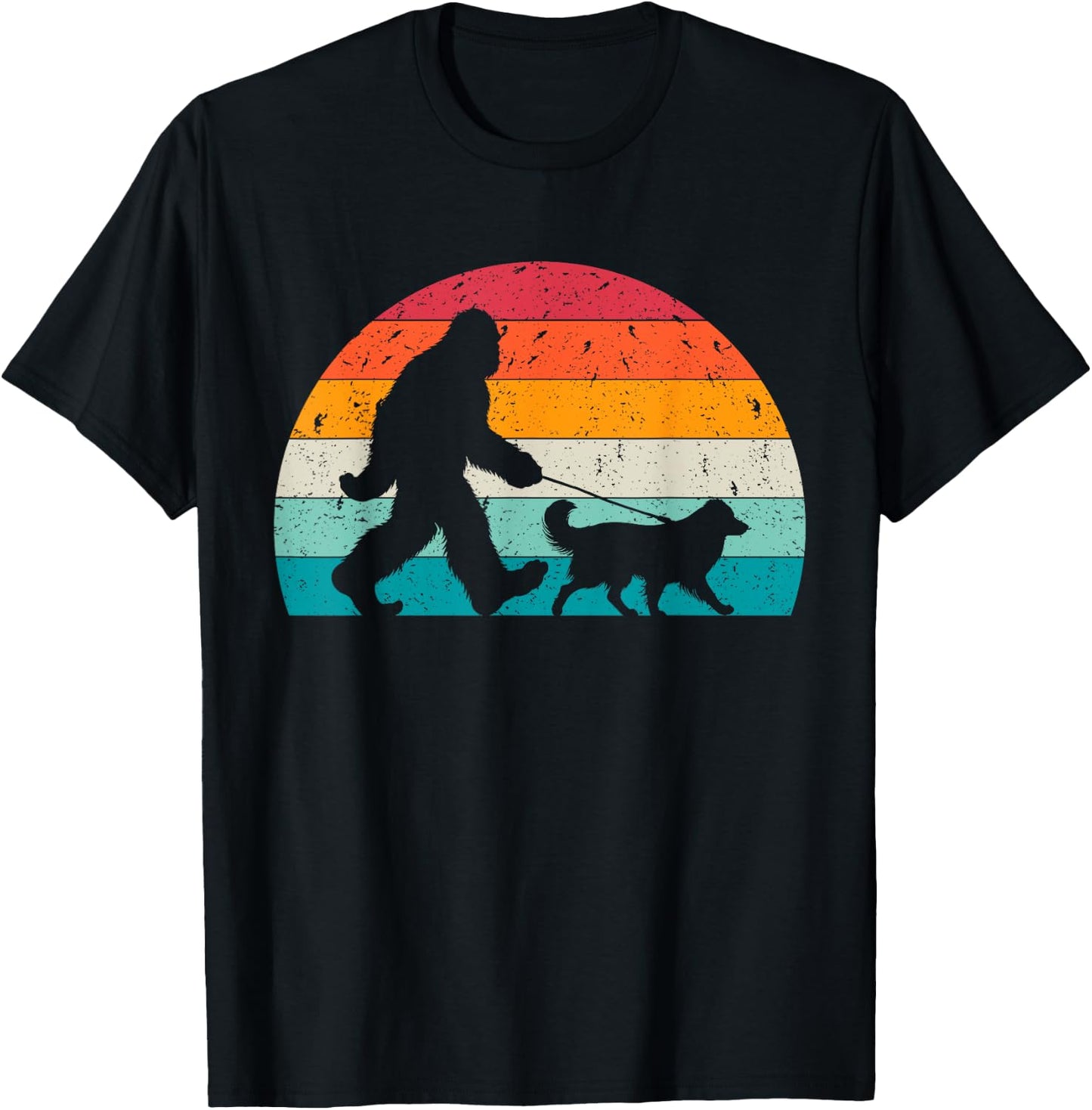 Bigfoot Walking a Dog Funny Australian Shepherd Lovers T-Shirt - T-Shirt | Black
