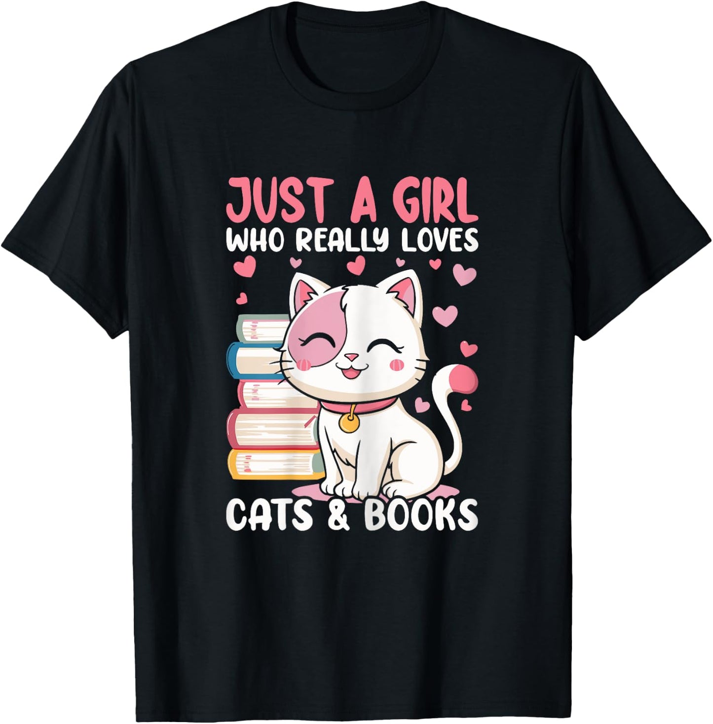 Girl Who Loves Cats and Books Cute T-Shirt - T-Shirt | Black