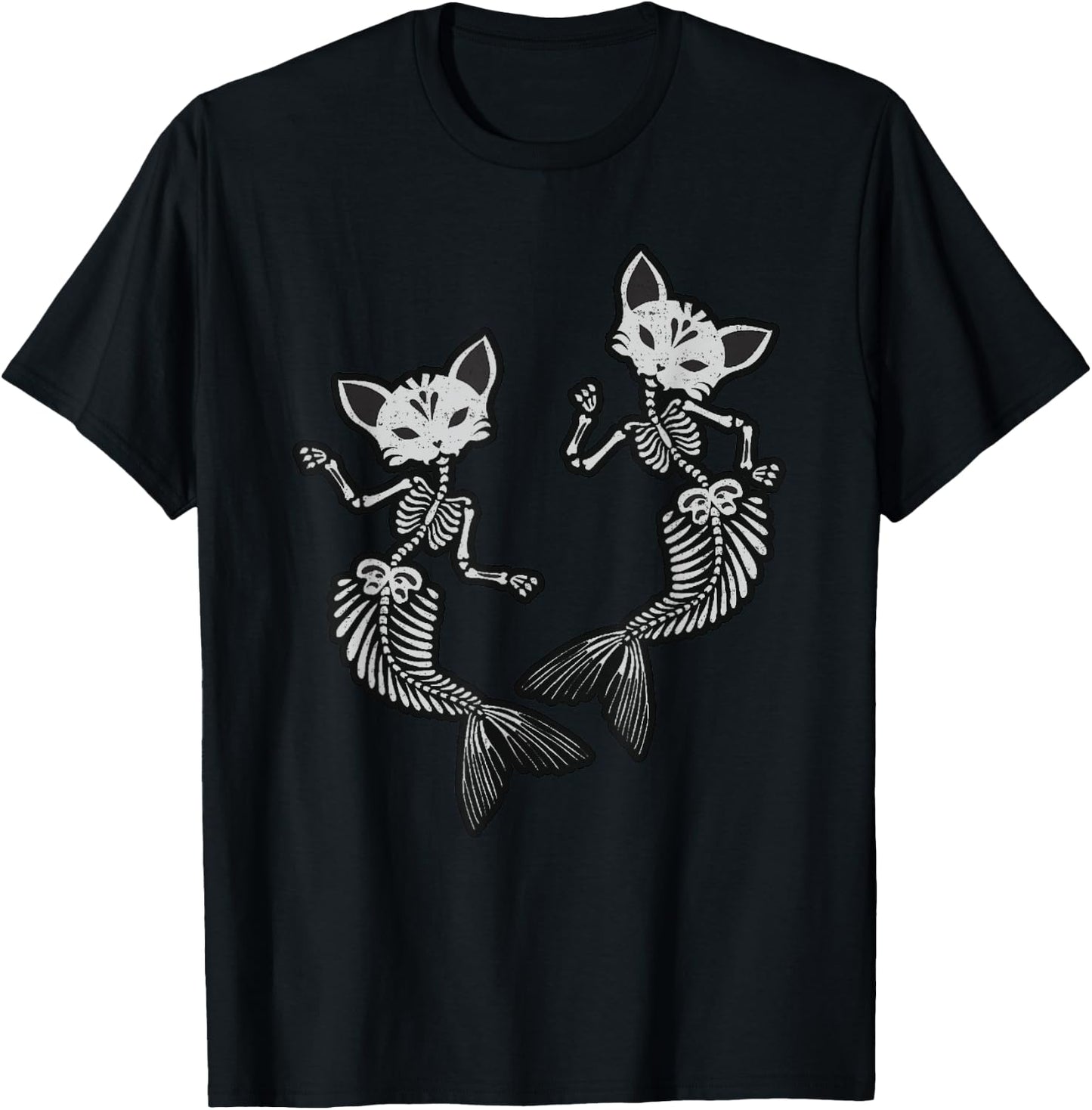 Kitty Cat Mermaid Skeleton Halloween Fantasy Men Women Kids T-Shirt - T-Shirt | Black