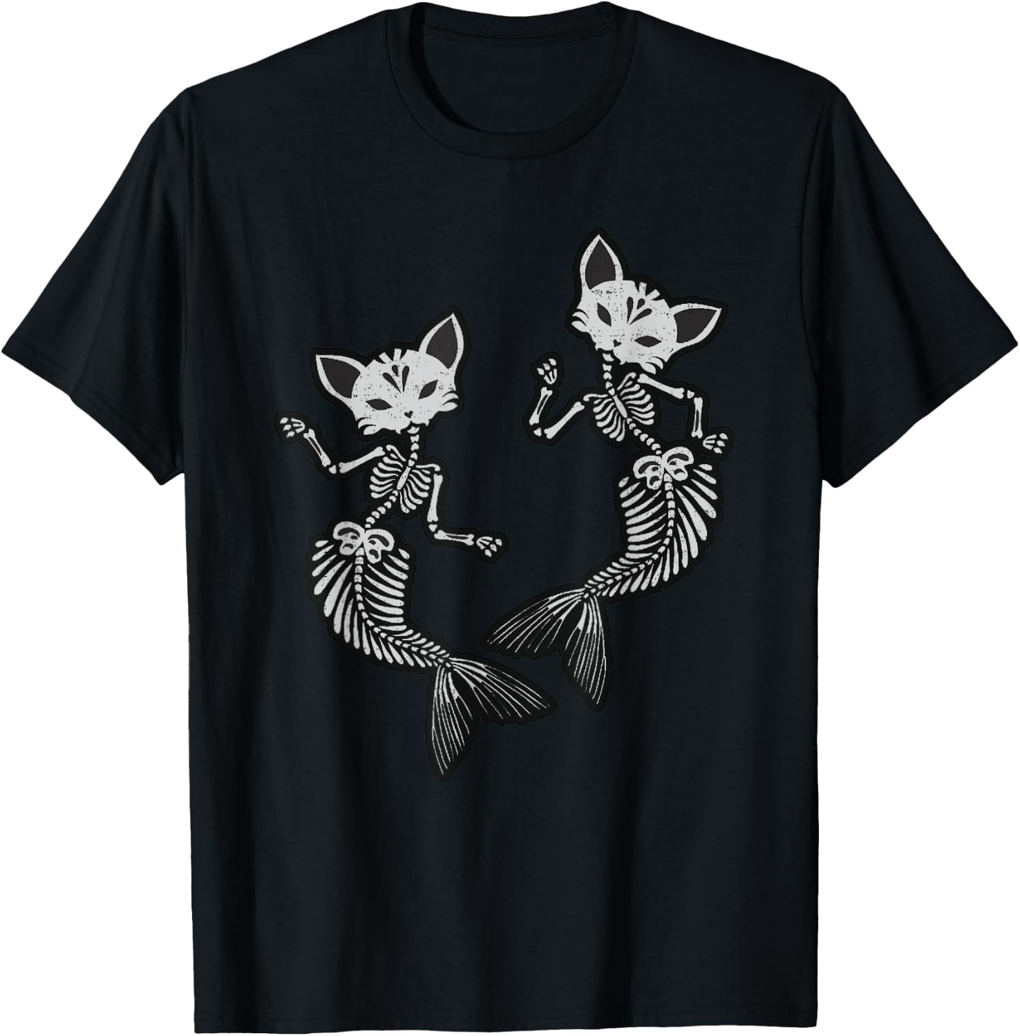 Kitty Cat Mermaid Skeleton Halloween Fantasy Men Women Kids T-Shirt - T-Shirt | Black