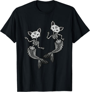 Kitty Cat Mermaid Skeleton Halloween Fantasy Men Women Kids T-Shirt - T-Shirt | Black
