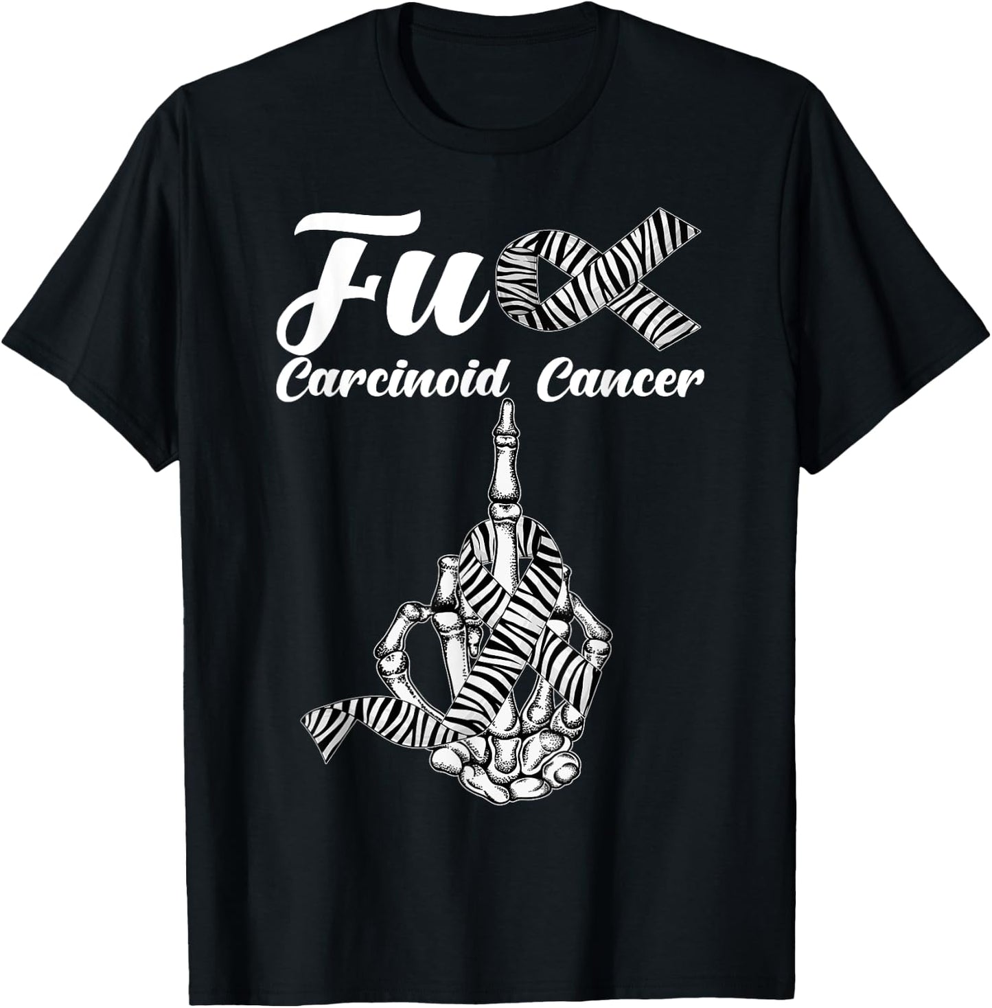 Skeleton Middle Finger Zebra Stripe Ribbon Carcinoid Cancer T-Shirt - T-Shirt | Black