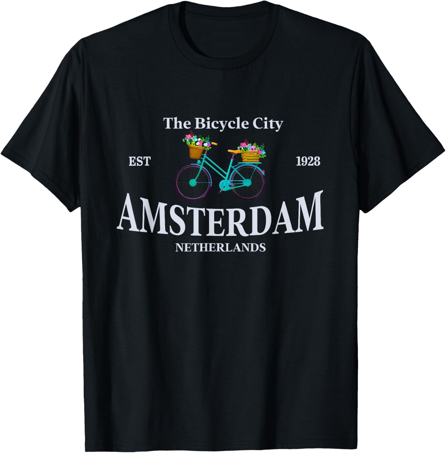 Retro Bicycle Bike Amsterdam The Bicycle City Est 1928 Biker T-Shirt - T-Shirt | Black