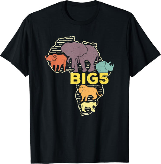 Big Five African Animals Elephant Rhino Buffalo Lion Leopard T-Shirt - T-Shirt | Black