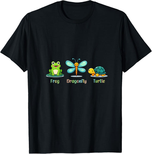 Funny Cute Frog Dragonfly Turtle Adorable Outdoor Animals V-Neck T-Shirt - T-Shirt | Black