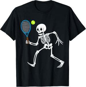 Funny Skeleton Playing Tennis Lovers Spooky Halloween Player T-Shirt - T-Shirt | Black