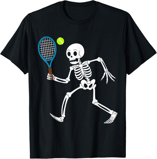 Funny Skeleton Playing Tennis Lovers Spooky Halloween Player T-Shirt - T-Shirt | Black