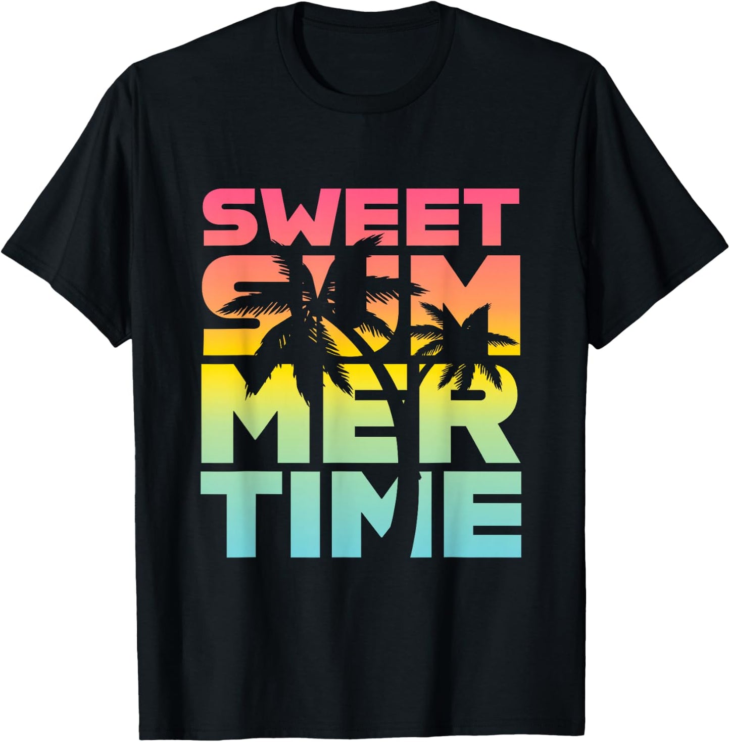 Summer Time Summer Retro Colourful Happy Holiday Palm Trees Beach , black T-Shirt - T-Shirt | Black