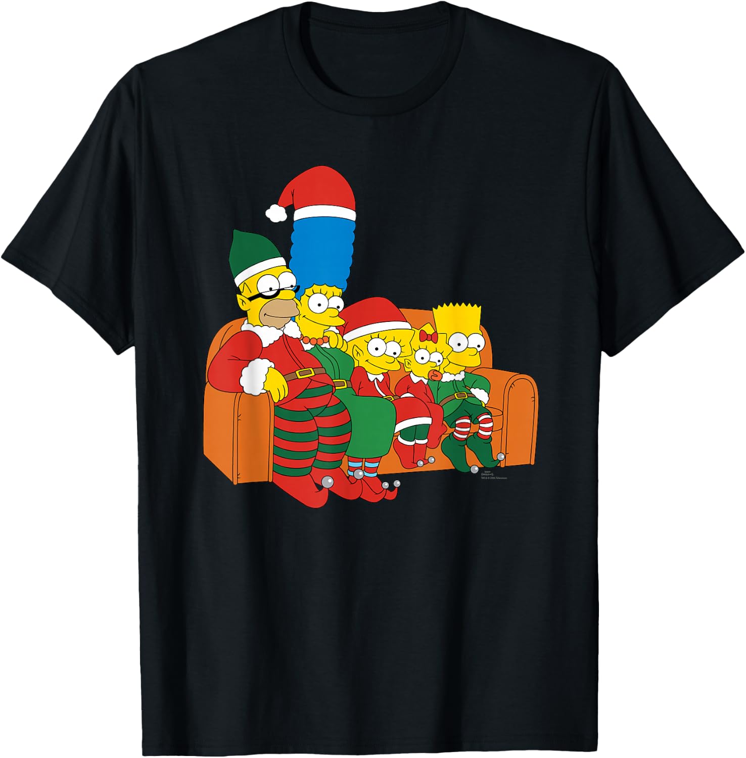 The Simpsons Holiday Family Christmas Elf Costumes Couch Gag , Black, S T-Shirt - T-Shirt | Black