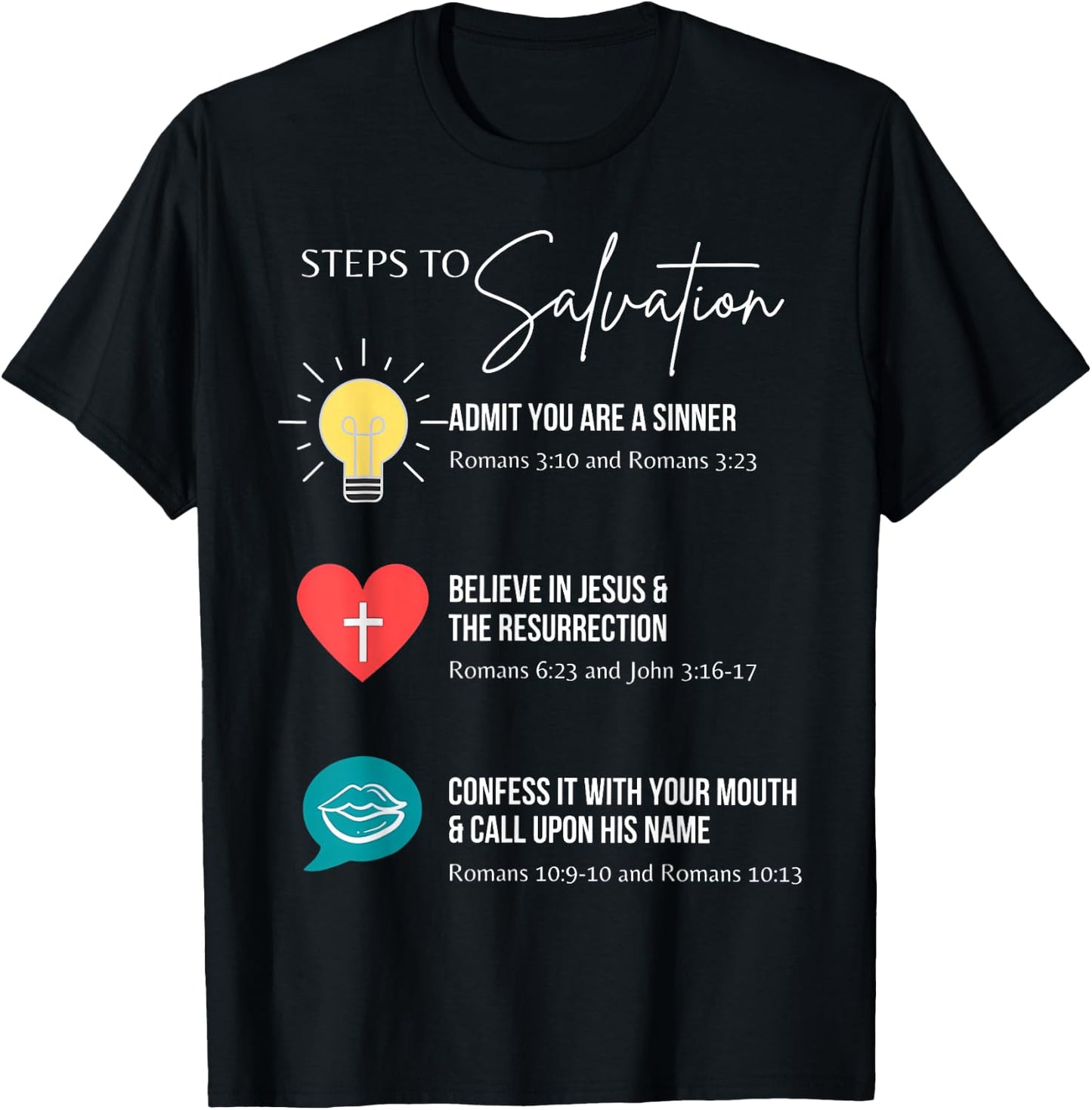 Steps To Salvation Romans 10;9 Thru 13 John 3 16 Christian T-Shirt - T-Shirt | Black