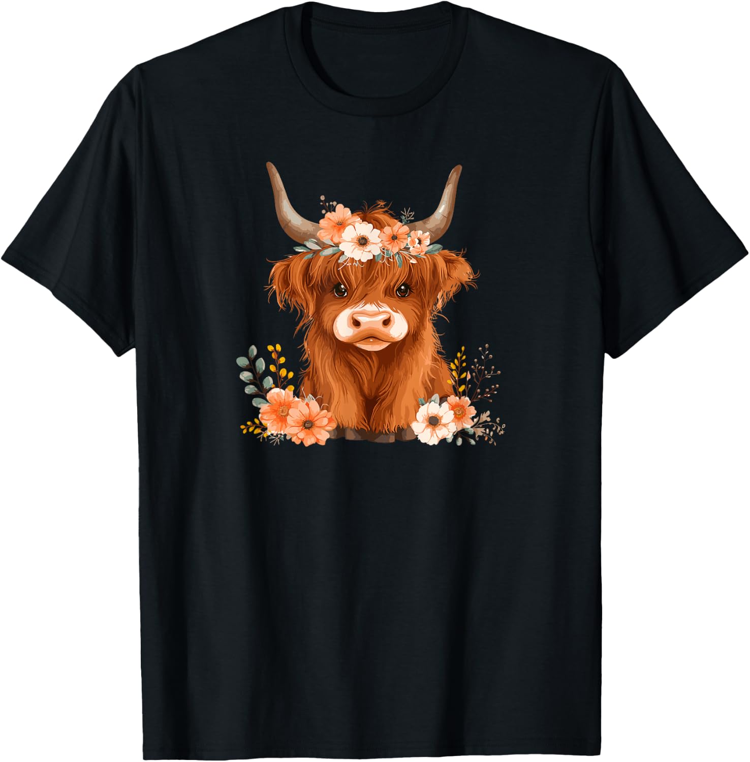 Highland Cow Cattle Flower Floral Crown Watercolor T-Shirt - T-Shirt | Black