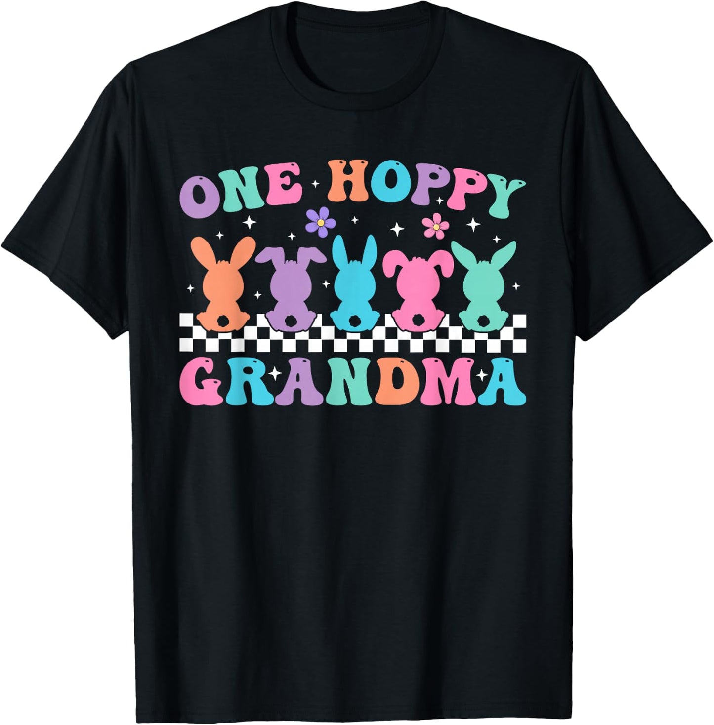 One Hoppy Grandma Retro Groovy Bunny Easter Day 2026 T-Shirt - T-Shirt | Black