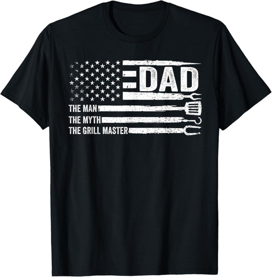 Dad The Man The Myth The Grill Master USA Flag Father's Day T-Shirt - T-Shirt | Black