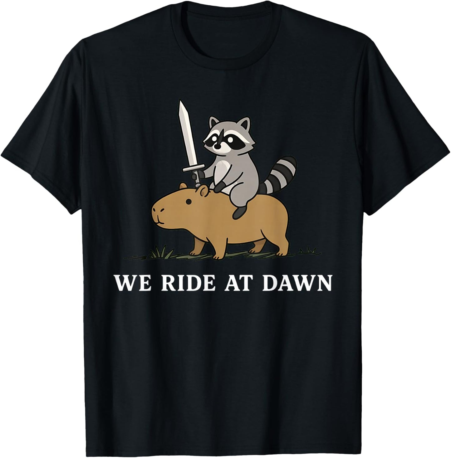We Ride At Dawn Funny Raccoon Capybara Meme Knight T-Shirt - T-Shirt | Black