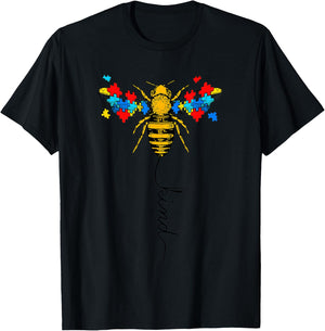 Autism Awareness Support Teacher Mom Bee Kind Puzzle Pieces T-Shirt - T-Shirt | Black