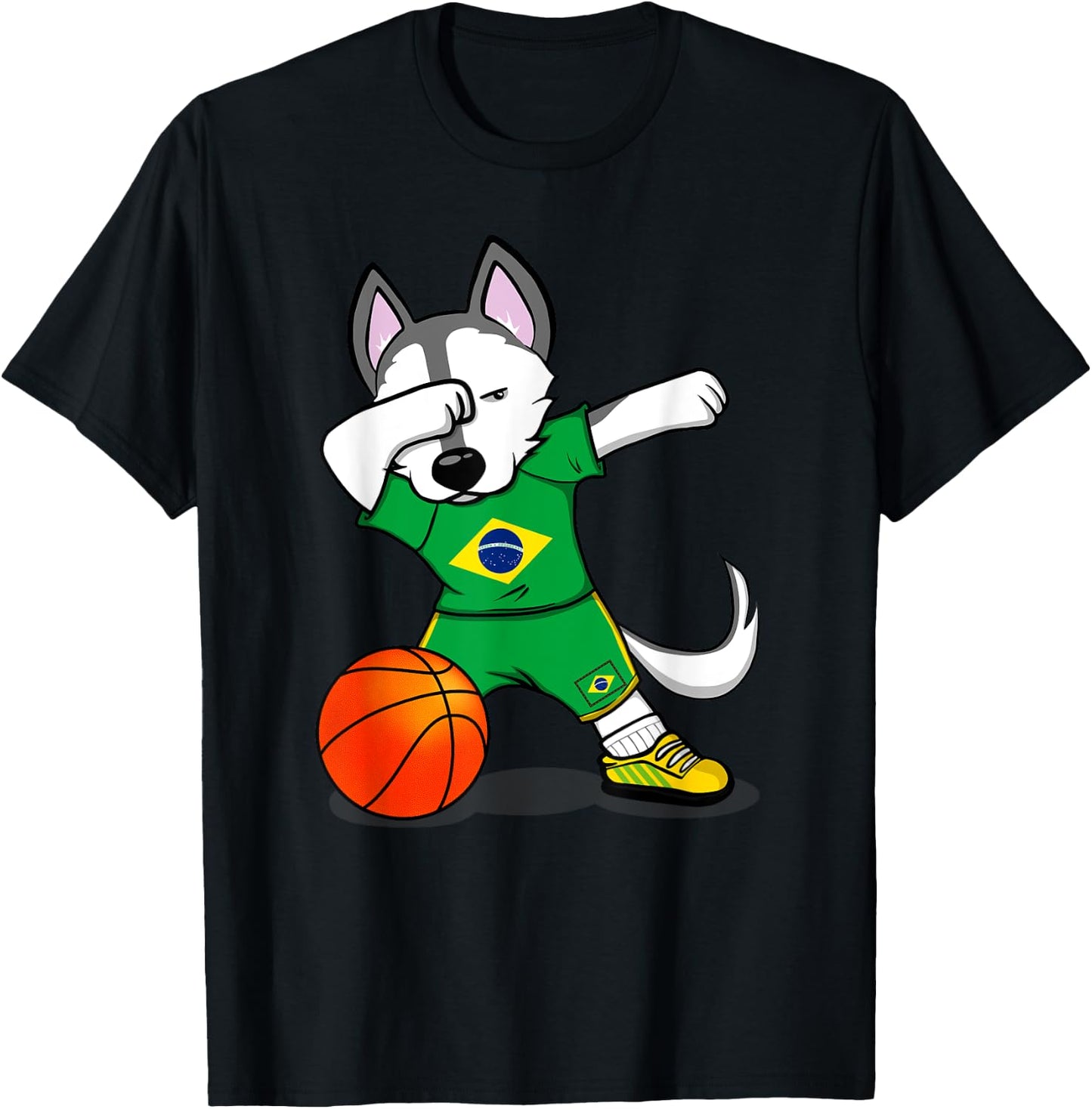 Dabbing Husky Brazil Basketball Fans Jersey Brazilian Flag T-Shirt - T-Shirt | Black