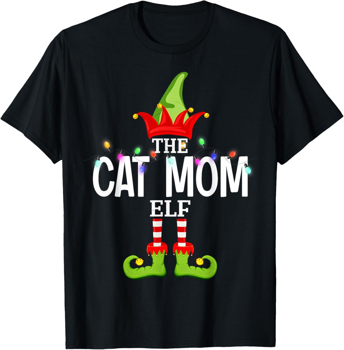 The Cat Mom Elf Christmas Matching Pajamas T-Shirt - T-Shirt | Black