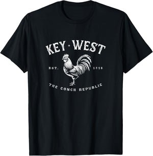 Funny Key West Rooster Chicken Sunrise Fishing Surfing Scuba T-Shirt - T-Shirt | Black