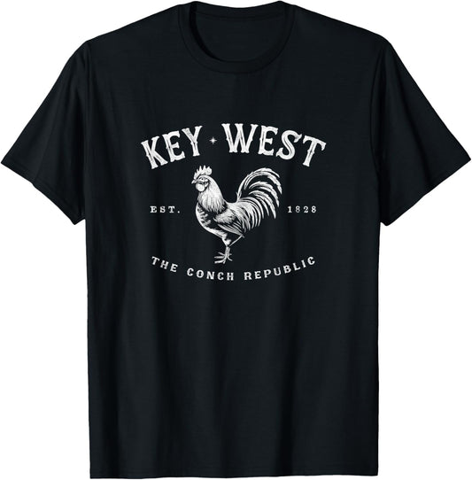 Funny Key West Rooster Chicken Sunrise Fishing Surfing Scuba T-Shirt - T-Shirt | Black