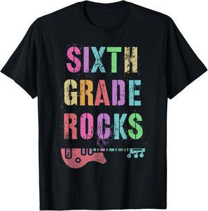 6th GRADE ROCKS Testing Teacher Rockstar Team Sixth Grader Women Girls Kids T-Shirt - T-Shirt | Black