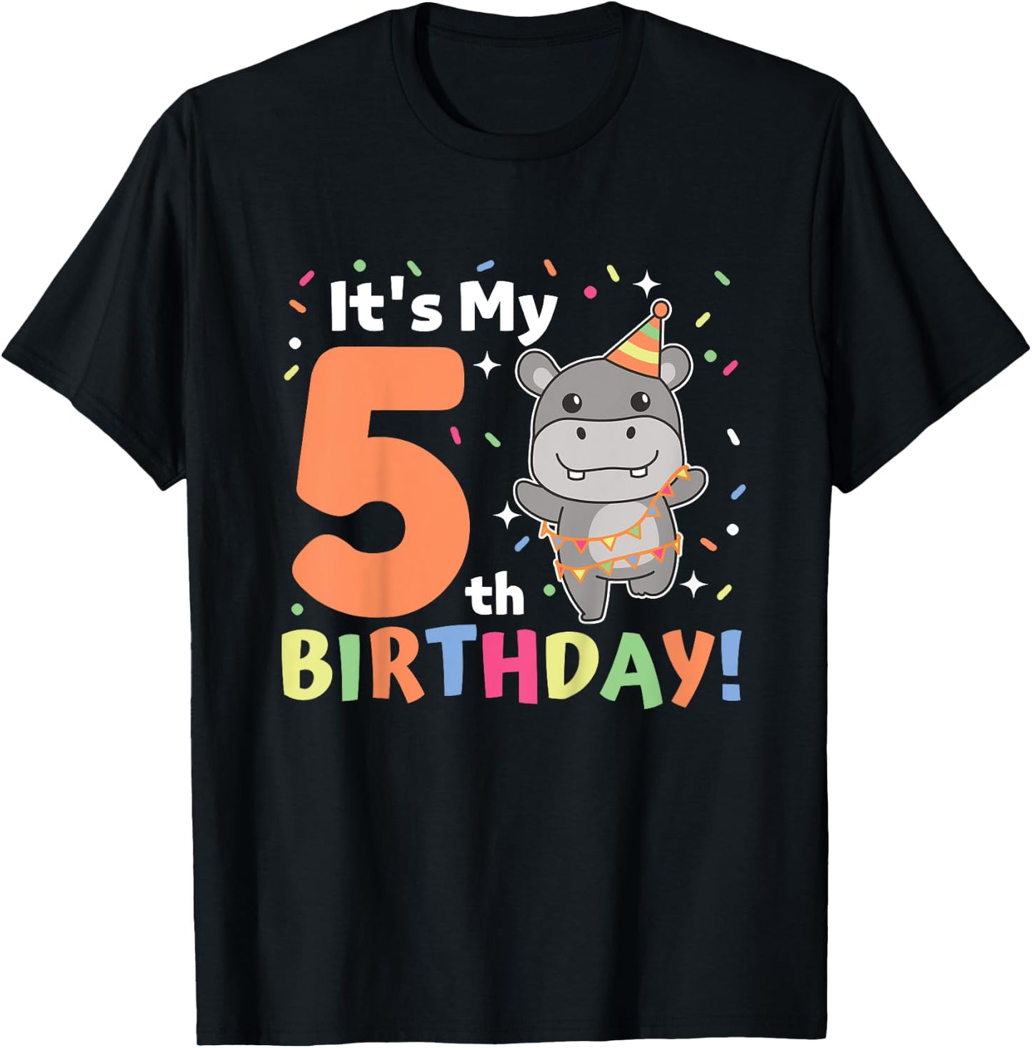Kids Hippo 5th Birthday For Kids Five Years Old T-Shirt - T-Shirt | Black