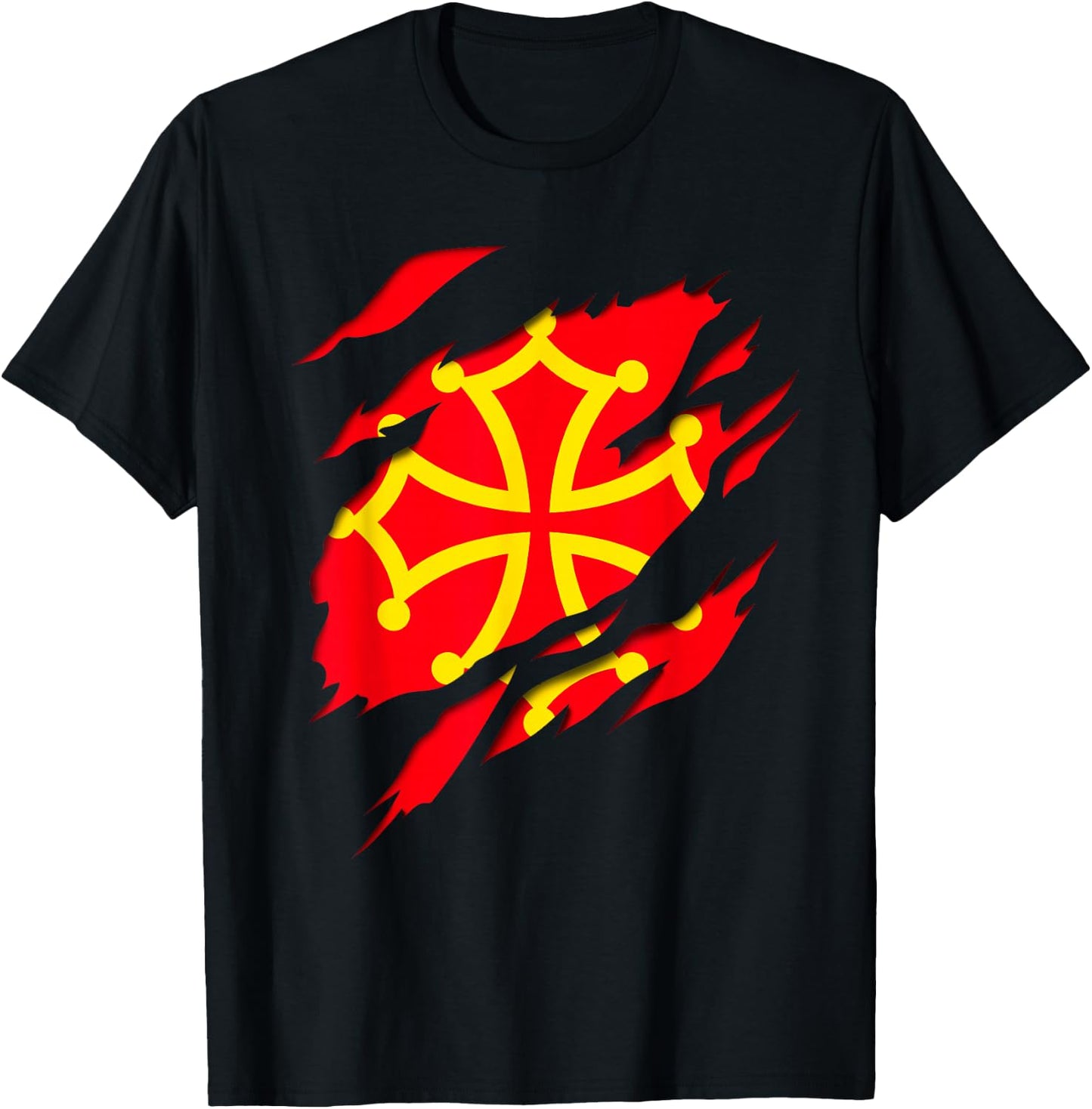 Occitanie Flag Crest Ripped 3D Effect France , Black, S T-Shirt - T-Shirt | Black