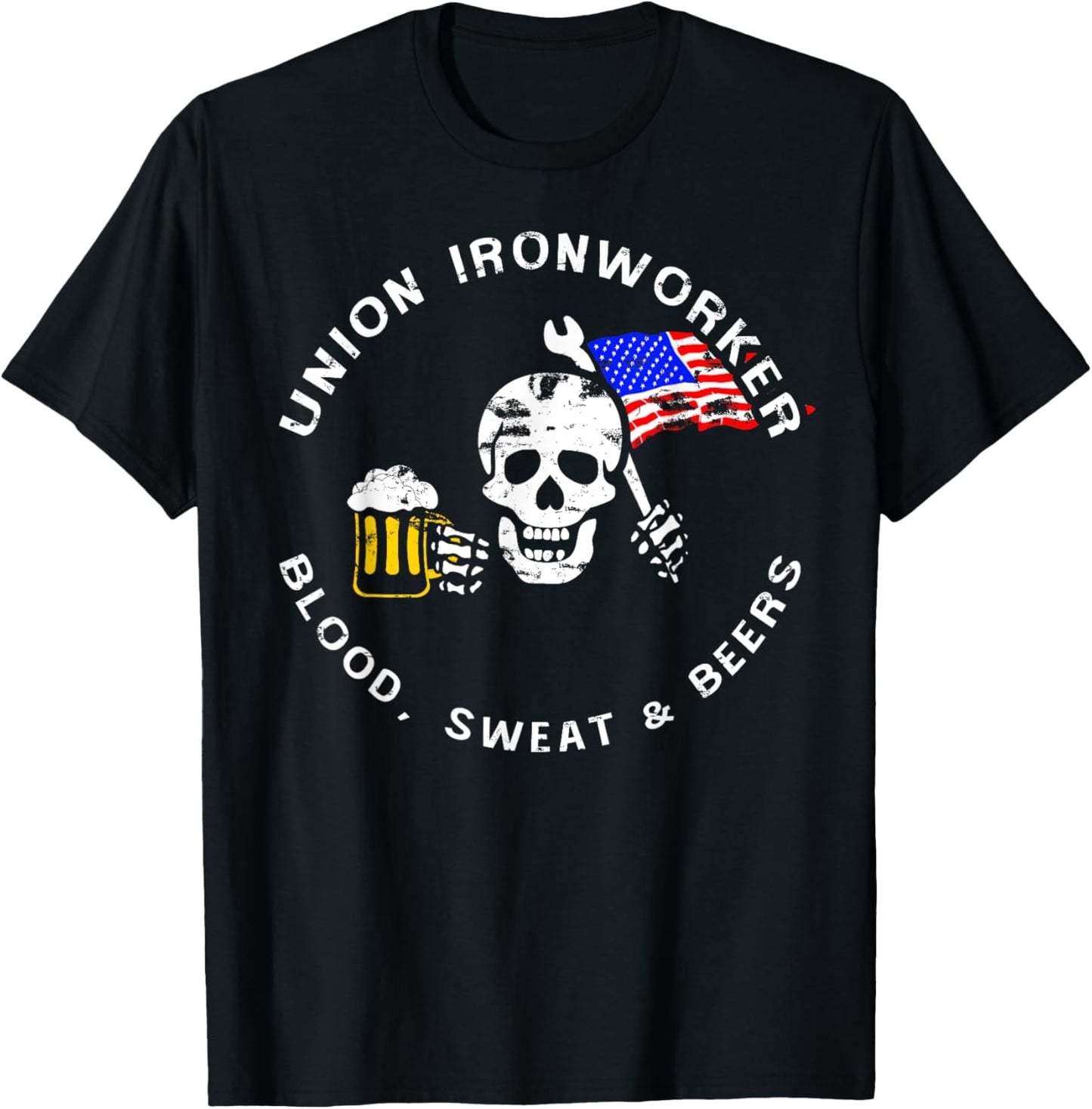 Union Ironworkers Blood Sweat & Beers American Flag T-Shirt - T-Shirt | Black