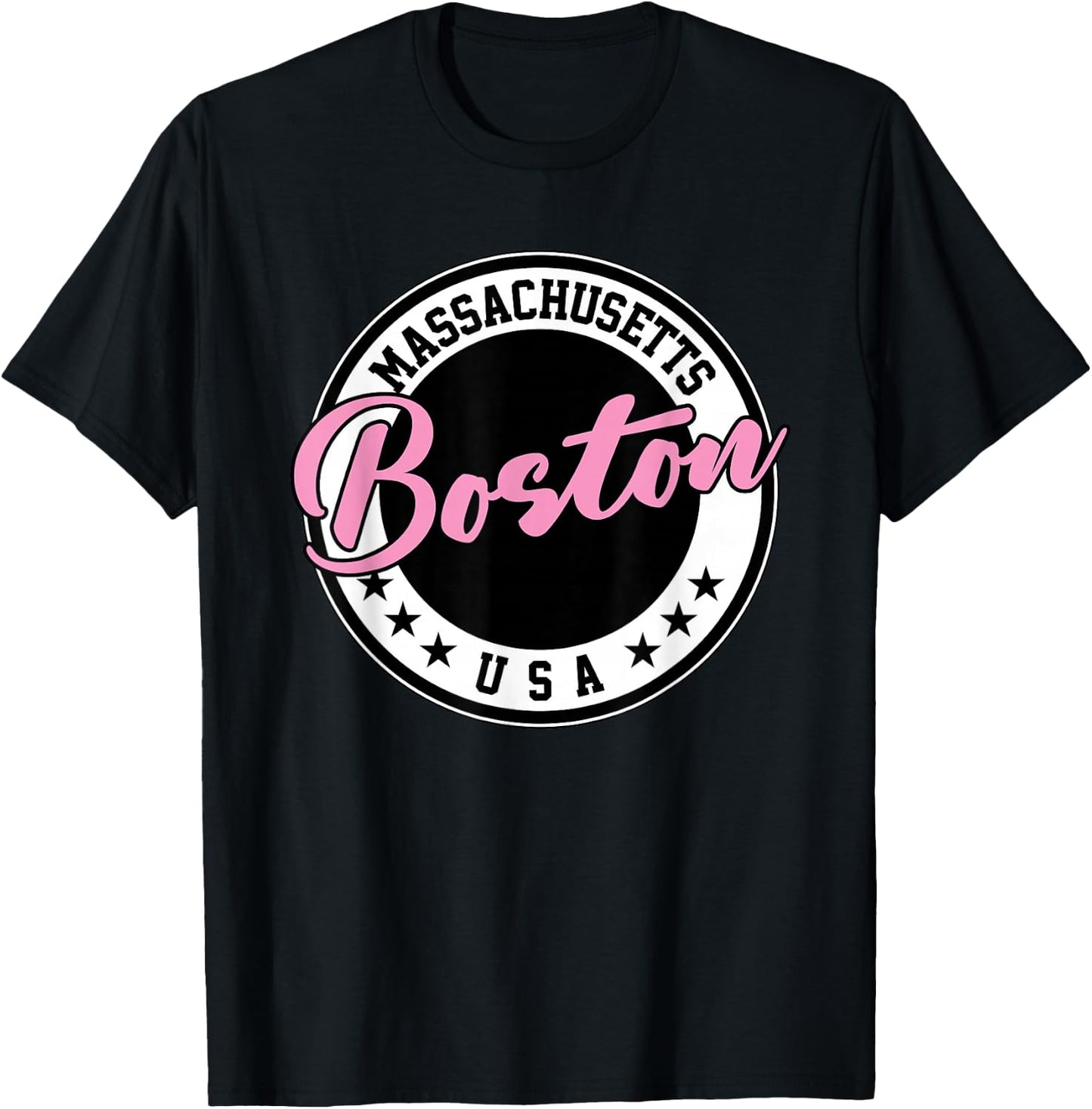 Boston Massachusetts Script Circle Pink Text T-Shirt - T-Shirt | Black