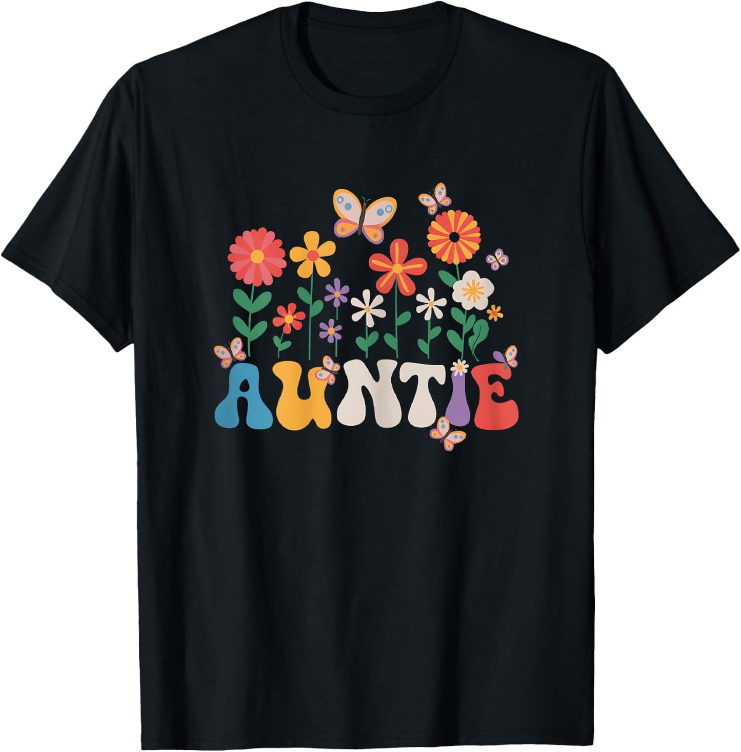 Aunt Mother Day Wildflower Auntie Retro Groovy Floral Auntie T-Shirt - T-Shirt | Black