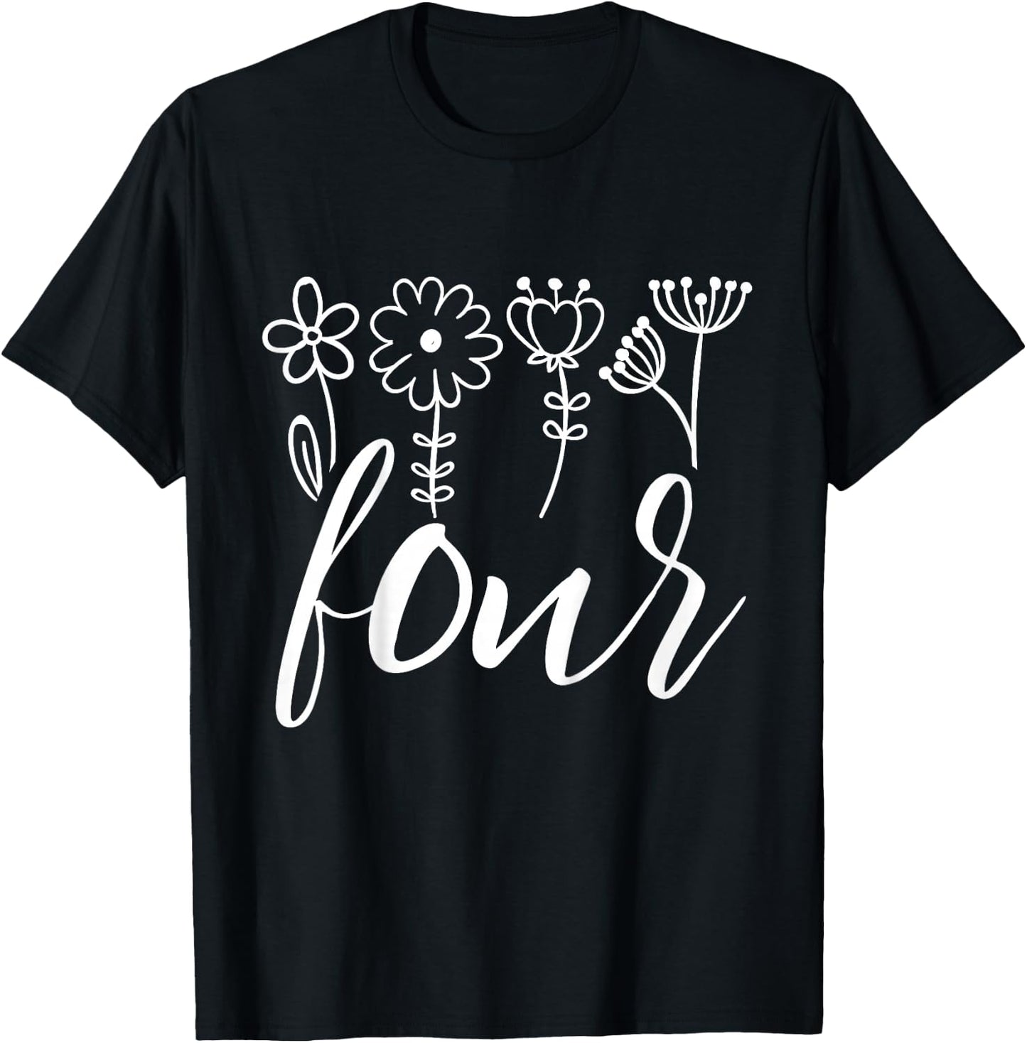 Floral Four 4 Year Old 4th Birthday Gift Fourth Girl Toddler T-Shirt - T-Shirt | Black