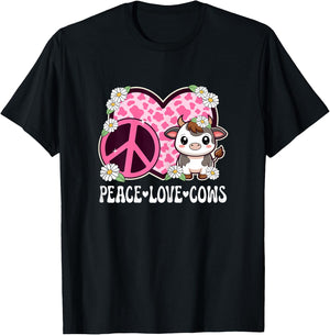 Peace Love Cows Women Cow Print Cute Cow Girls Cow Lover Cow T-Shirt - T-Shirt | Black