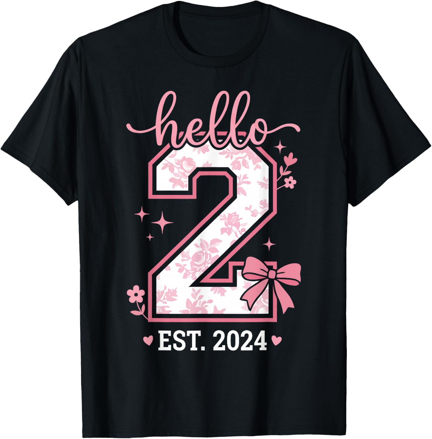 Hello Two Est 2024 Coquette Bow 2nd Birthday Girl T-Shirt - T-Shirt | Black