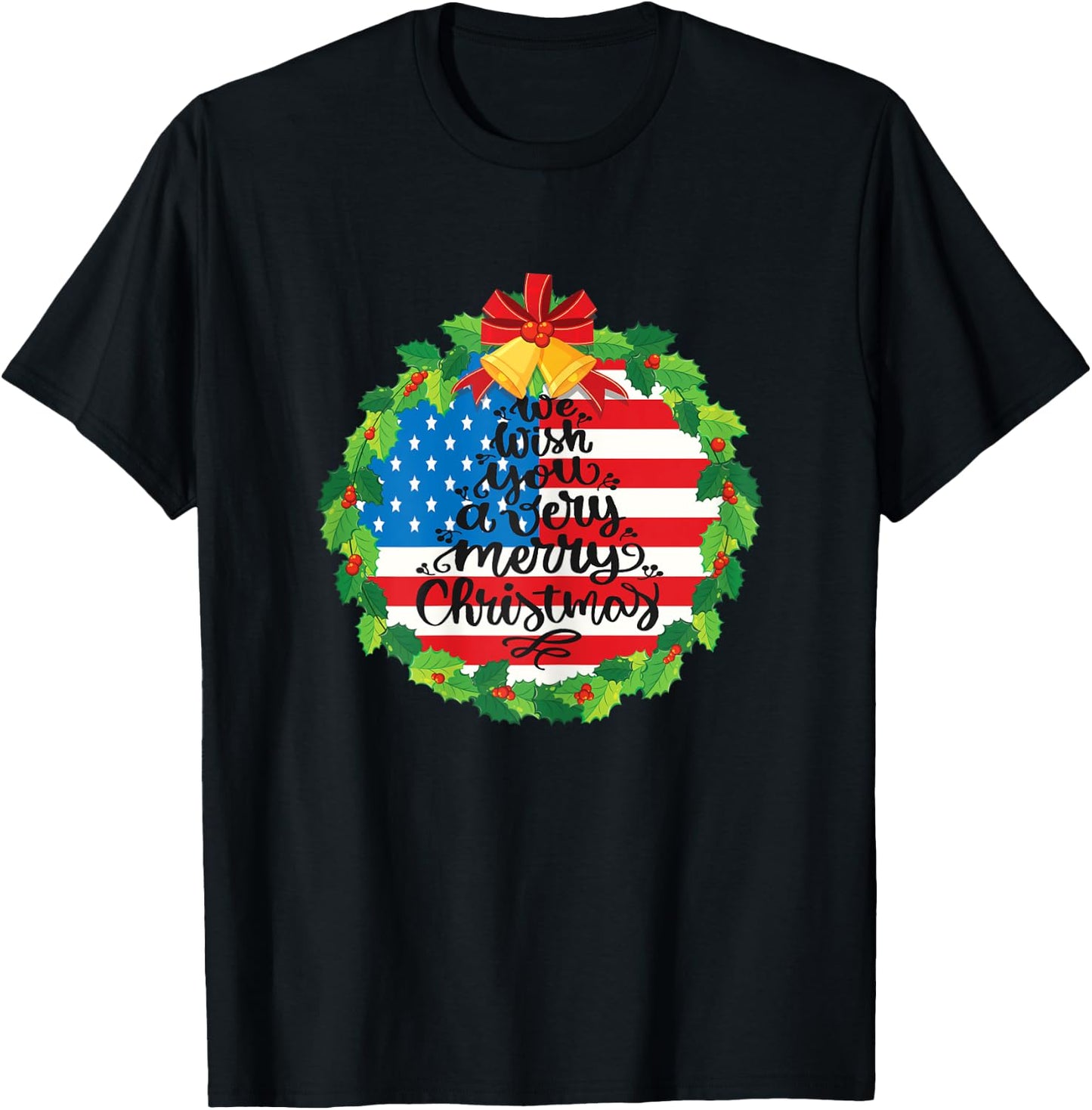Merry Christmas Wreath Bells Funny Usa Flag Beautiful Cute T-Shirt - T-Shirt | Black