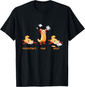 Procrastinate Panic Repeat Funny Deadline Cute Red Panda T-Shirt - T-Shirt | Black