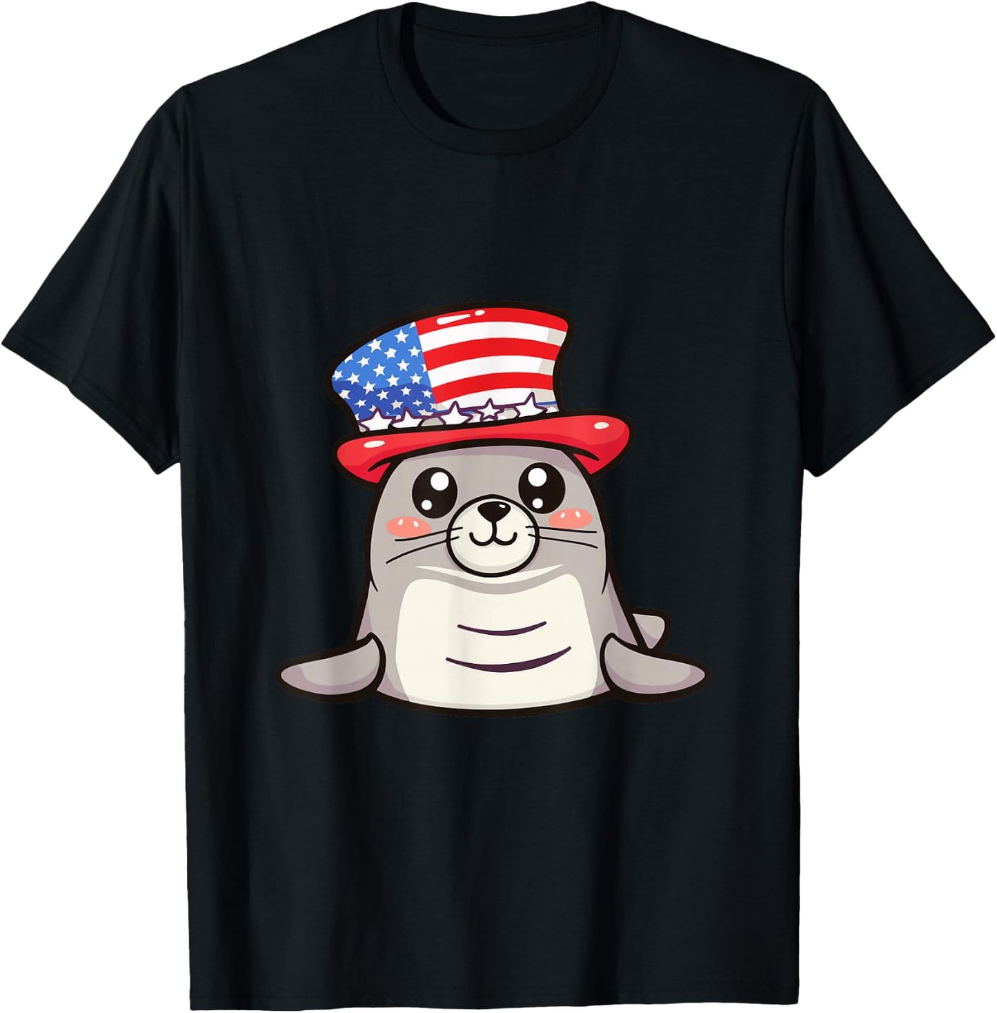 Cute Seal USA Flag | 4th Of July T-Shirt - T-Shirt | Black