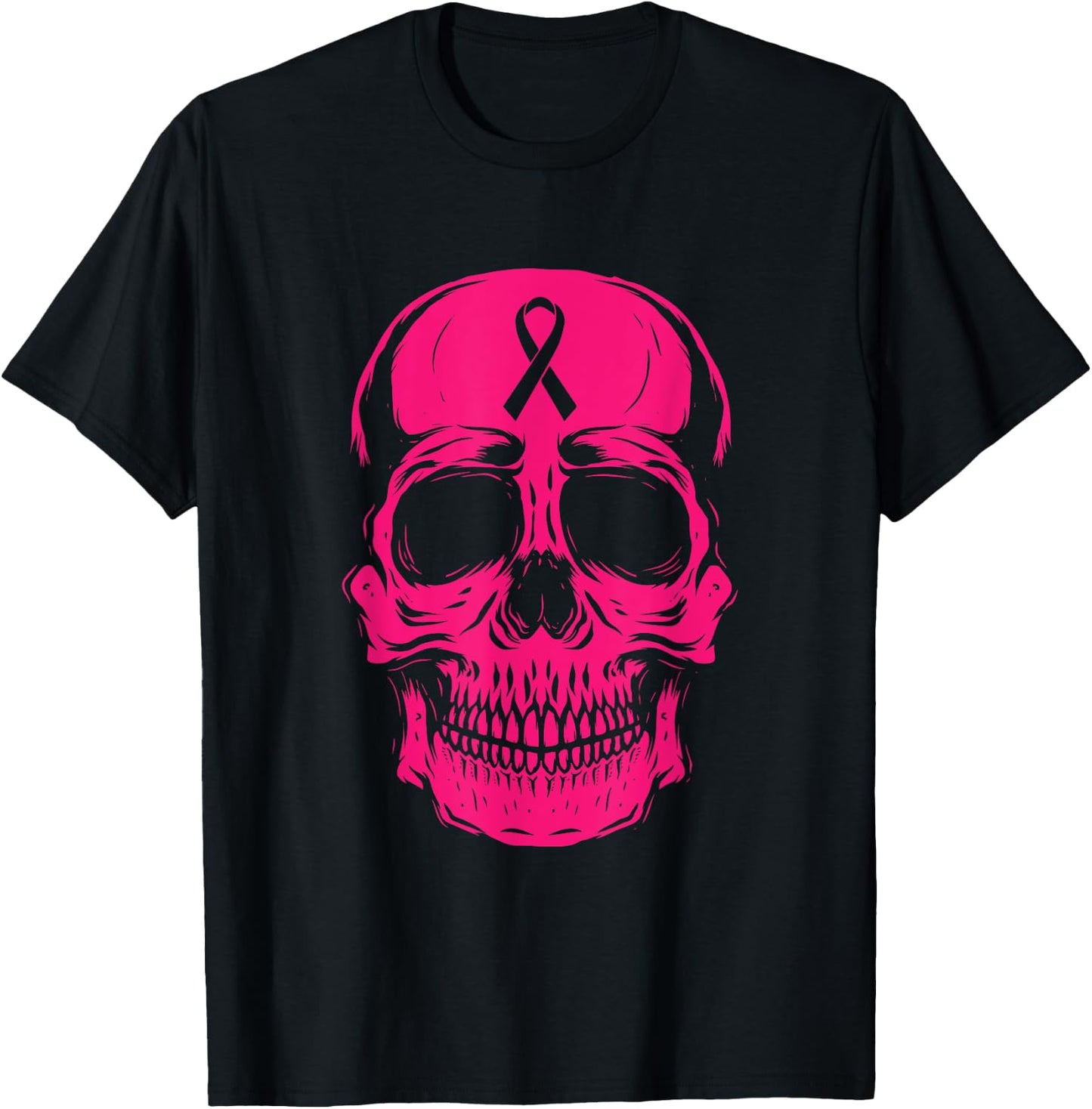 Skull Pink Ribbon Breast Cancer Awareness Skeleton Warrior T-Shirt - T-Shirt | Black