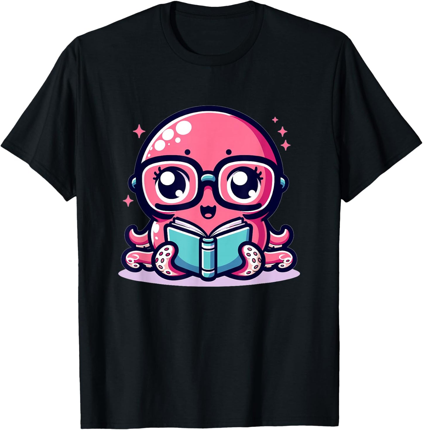 Adorable Book Lover Octopus With Reading Glasses Cute T-Shirt - T-Shirt | Black