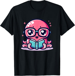Adorable Book Lover Octopus With Reading Glasses Cute T-Shirt - T-Shirt | Black