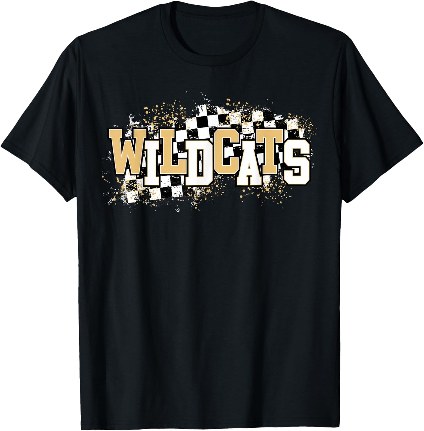 Wildcats Checkered Print Gold Wildcat Pride mascot school T-Shirt - T-Shirt | Black