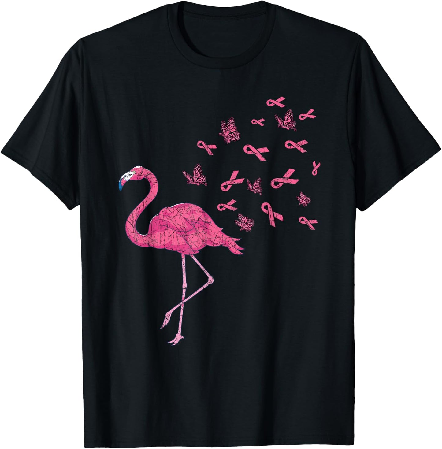 Exotic Bird Flamingo Pink Ribbon Breast Cancer Awareness T-Shirt - T-Shirt | Black