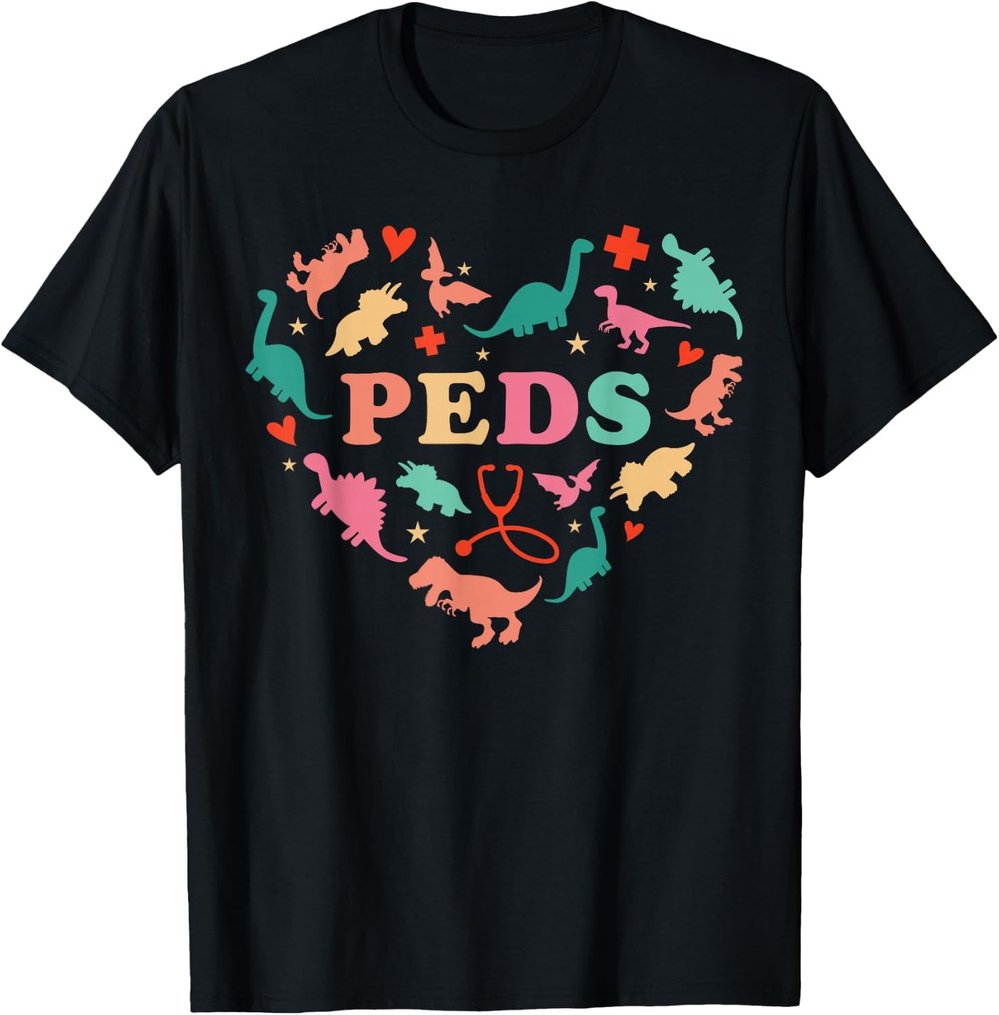 Pediatric Nurse Crew Cute Colorful Dinosaur Heart PEDS Squad T-Shirt - T-Shirt | Black