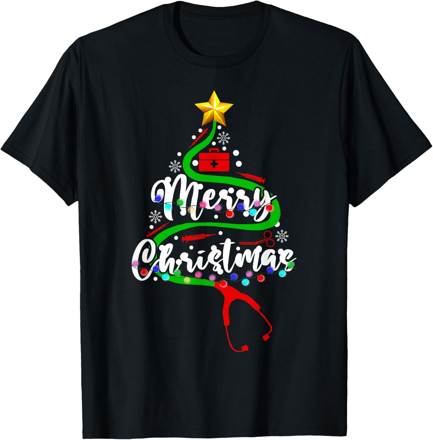 Funny Stethoscope Christmas Tree Nursing Scrub NICU RN LPN T-Shirt - T-Shirt | Black