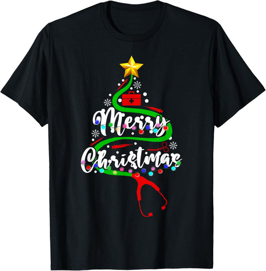 Funny Stethoscope Christmas Tree Nursing Scrub NICU RN LPN T-Shirt - T-Shirt | Black