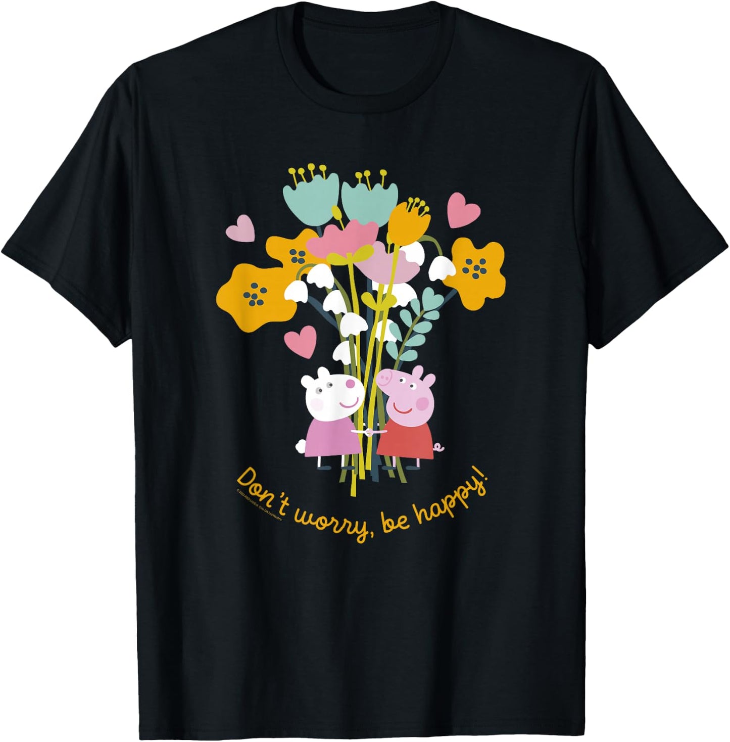 Peppa Pig Don't Worry Be Happy Floral Logo T-Shirt - T-Shirt | Black