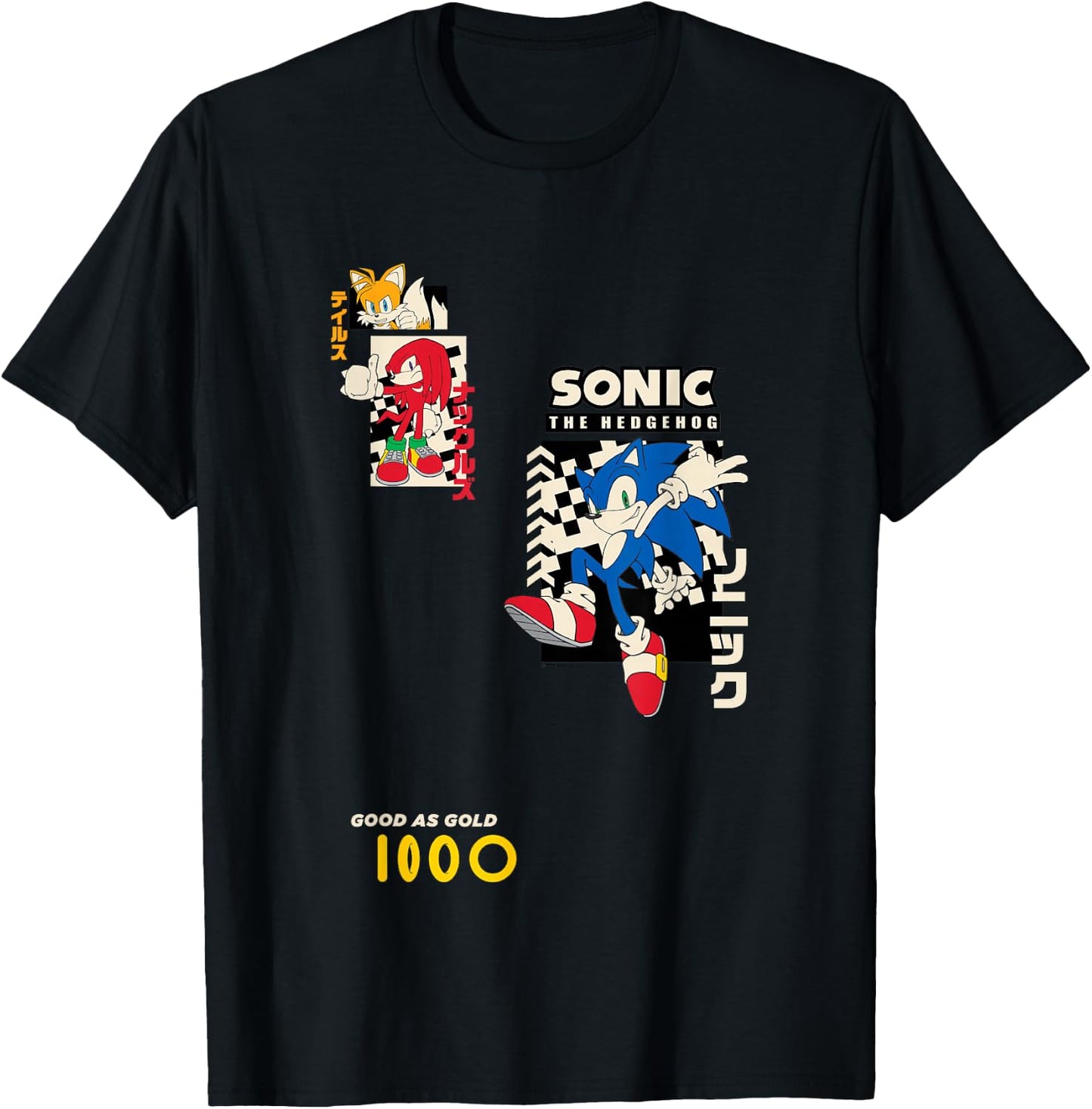 Sonic The Hedgehog Good As Gold Vintage Kanji Panels T-Shirt - T-Shirt | Black