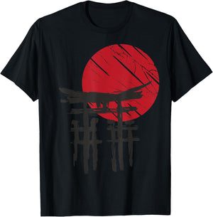 Japanischer Tempel Anime Japan Red Moon Vintage Art Samurai T-Shirt - T-Shirt | Black