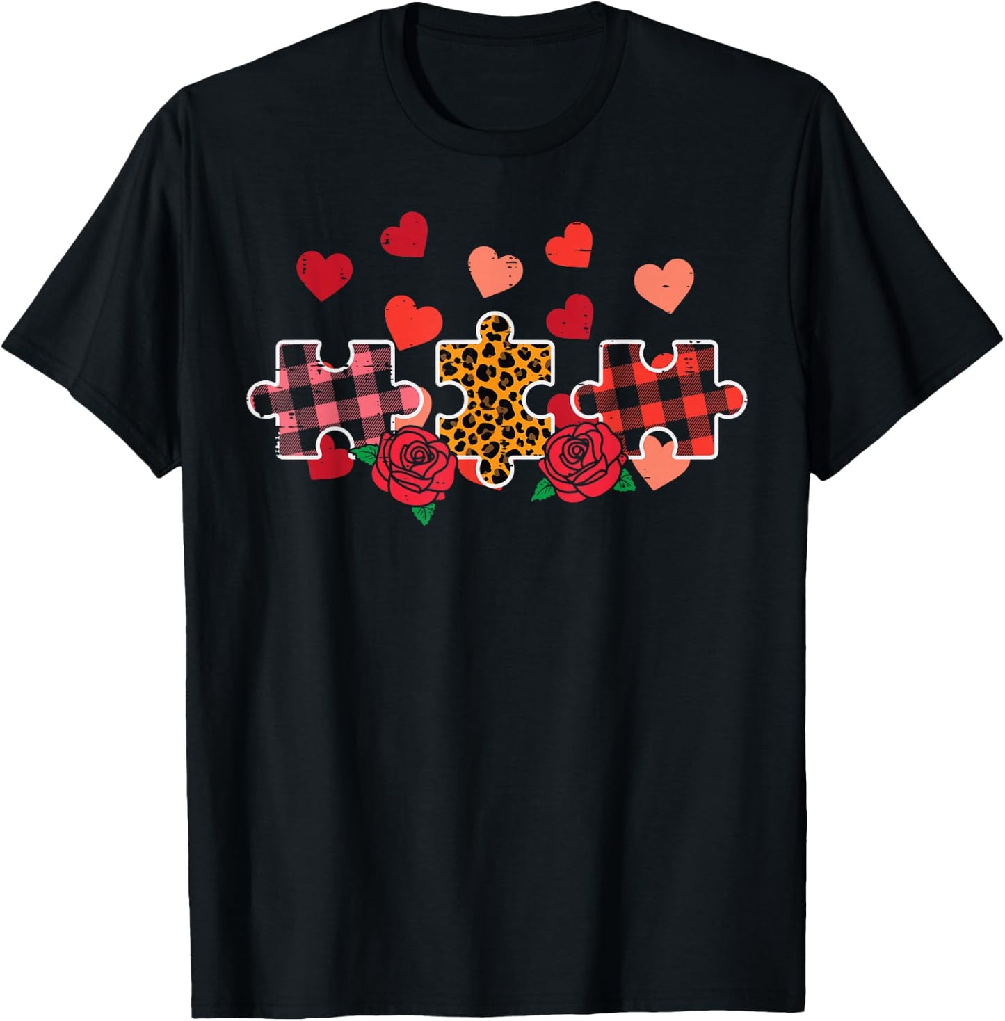 Valentines Day Leopard Plaid Autism Puzzle Women Girls Kids T-Shirt - T-Shirt | Black