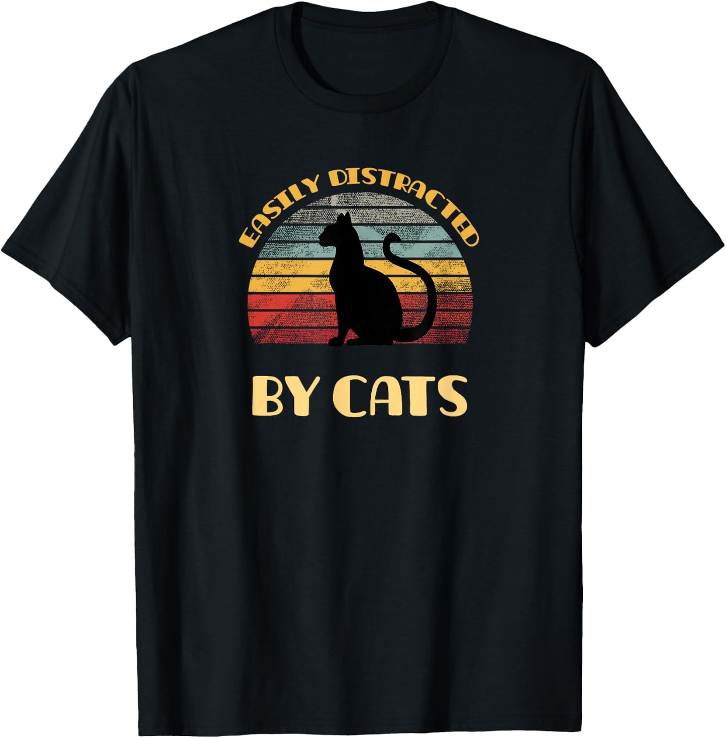 Easily distracted by cats on a distressed sunset background T-Shirt - T-Shirt | Black