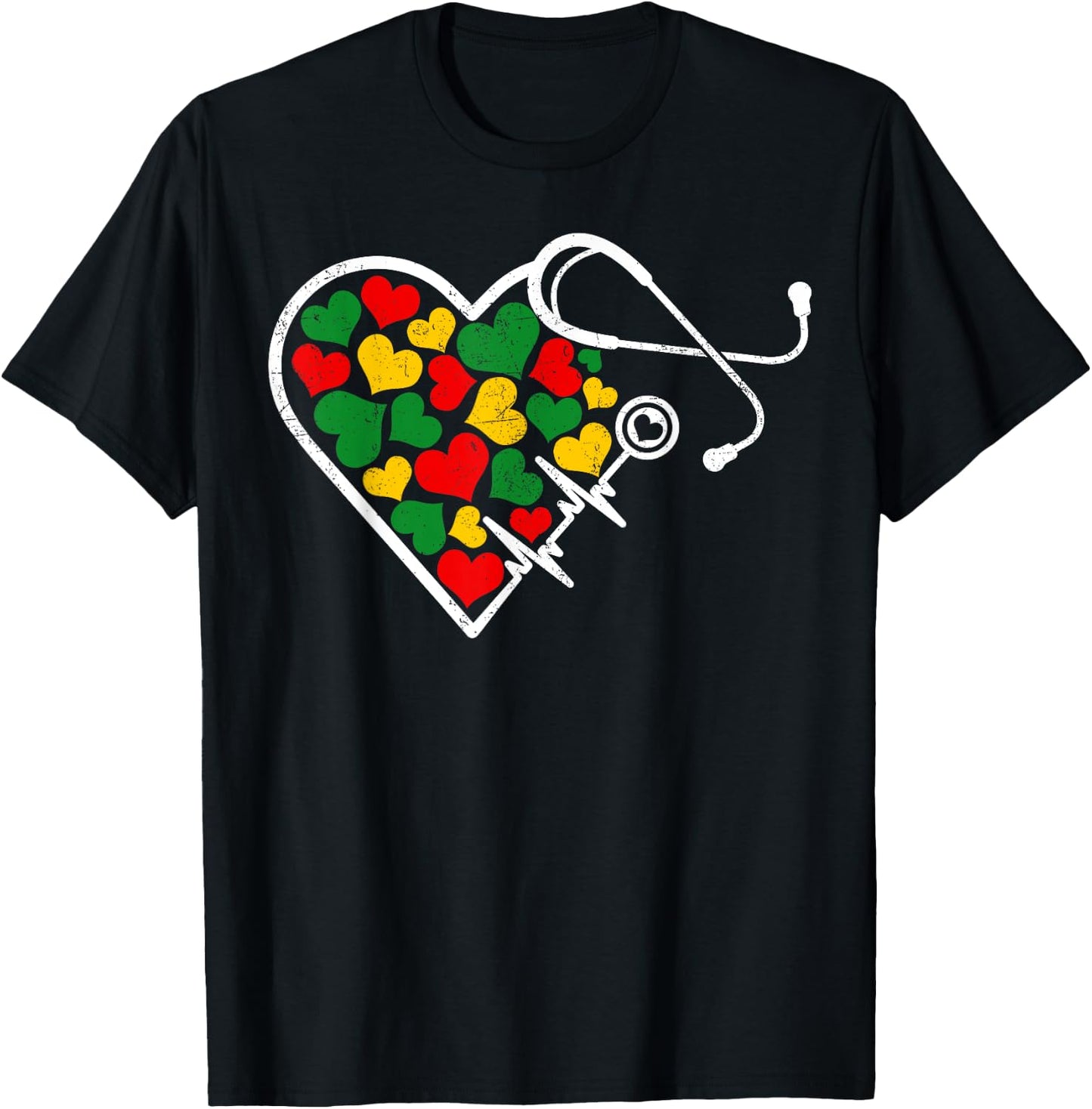 Juneteenth Nurse Stethoscope & Heartbeat Afro Women Girls T-Shirt - T-Shirt | Black